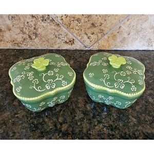 Temptations Floral Lace Design Green Set Of 2 Square Ribbon Ramekins Lids 16oz